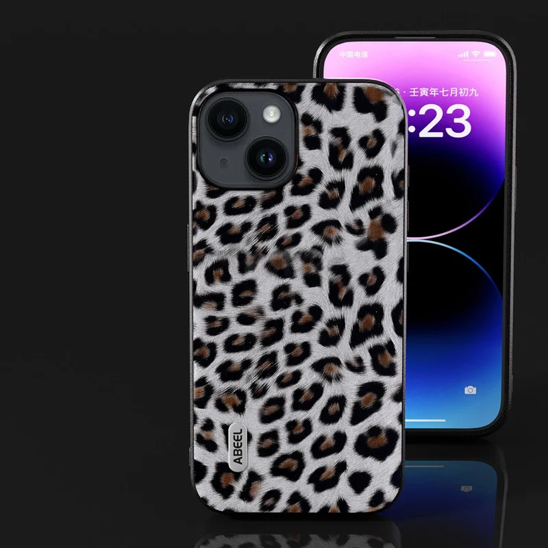 ABEEL For iPhone 14 Plus Phone Protector PU Leather Coated TPU + PC Shell Leopard Texture Case - Silver