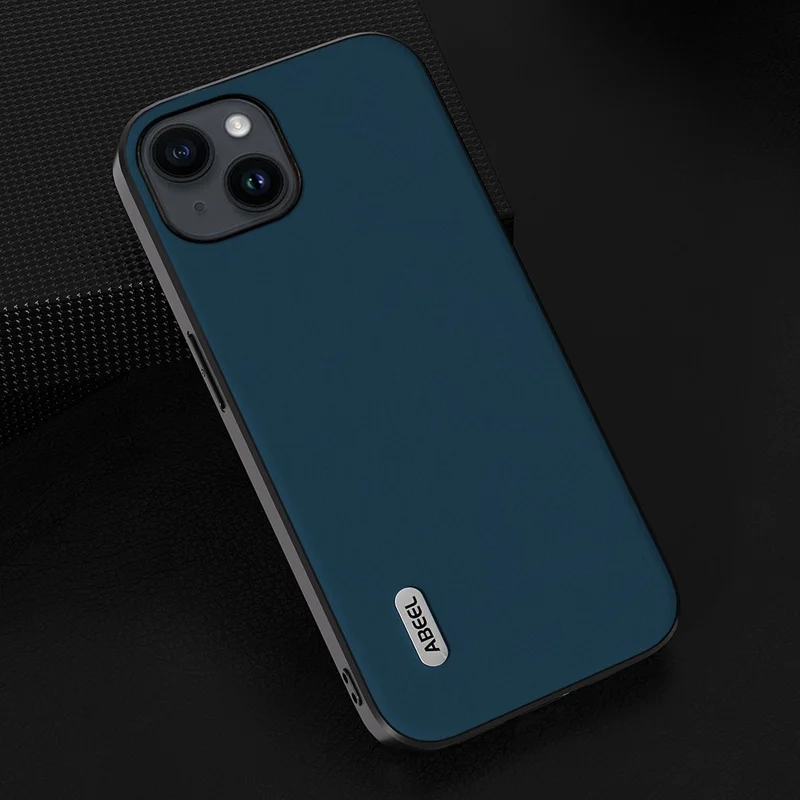 ABEEL For iPhone 14 Soft Silky Feeling Phone Case Cowhide Leather Coated PC+TPU Hybrid Protective Cover - Blue