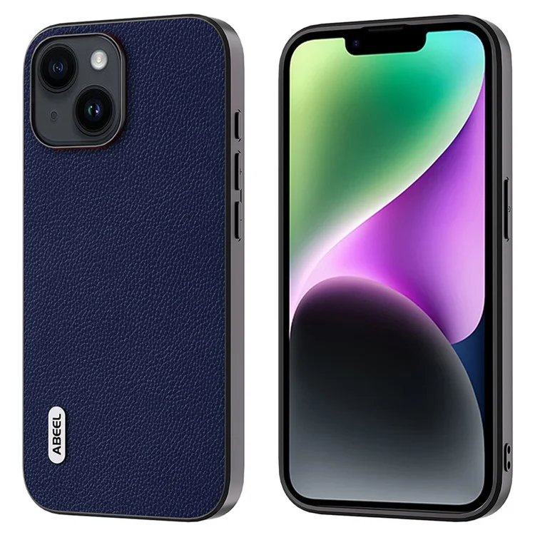 ABEEL Para iPhone 14 Plus Funda de Piel de Vaca con Textura de Litchi + PC + TPU - Azul 