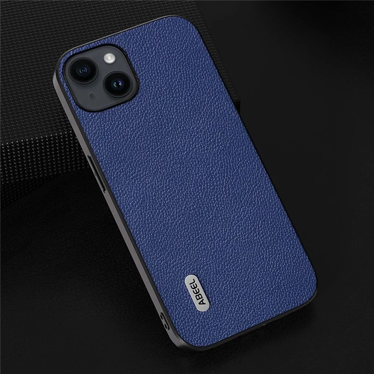 ABEEL Para iPhone 14 Plus Funda de Piel de Vaca con Textura de Litchi + PC + TPU - Azul 