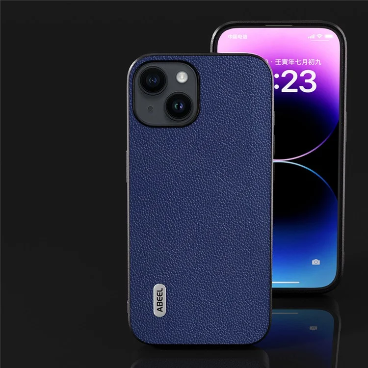 ABEEL Para iPhone 14 Plus Funda de Piel de Vaca con Textura de Litchi + PC + TPU - Azul 