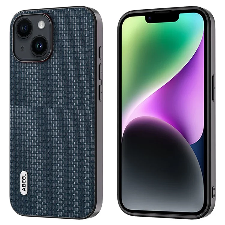 ABEEL For iPhone 14 Plus Protective Phone Case Cowhide Leather Coated PC+TPU Luxury Textured Cover - Blue