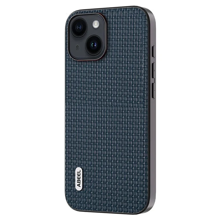 ABEEL For iPhone 14 Plus Protective Phone Case Cowhide Leather Coated PC+TPU Luxury Textured Cover - Blue
