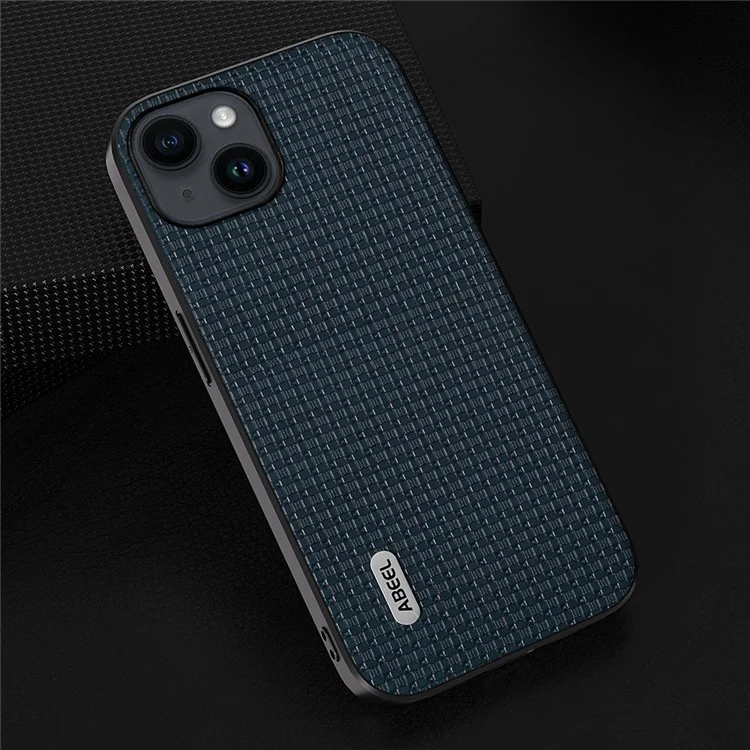 ABEEL For iPhone 14 Plus Protective Phone Case Cowhide Leather Coated PC+TPU Luxury Textured Cover - Blue