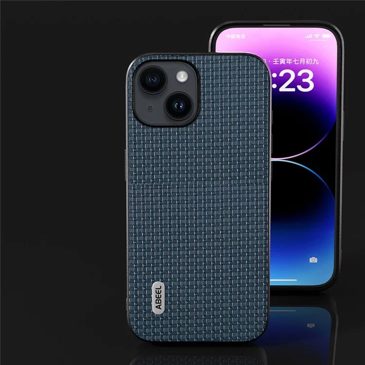ABEEL For iPhone 14 Plus Protective Phone Case Cowhide Leather Coated PC+TPU Luxury Textured Cover - Blue