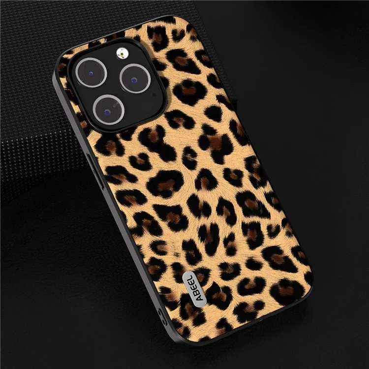 ABEEL Per iPhone 13 Pro Max Cover Posteriore in Pelle PU Rivestita in TPU + PC con Texture a Leopardo - Champagne Gold