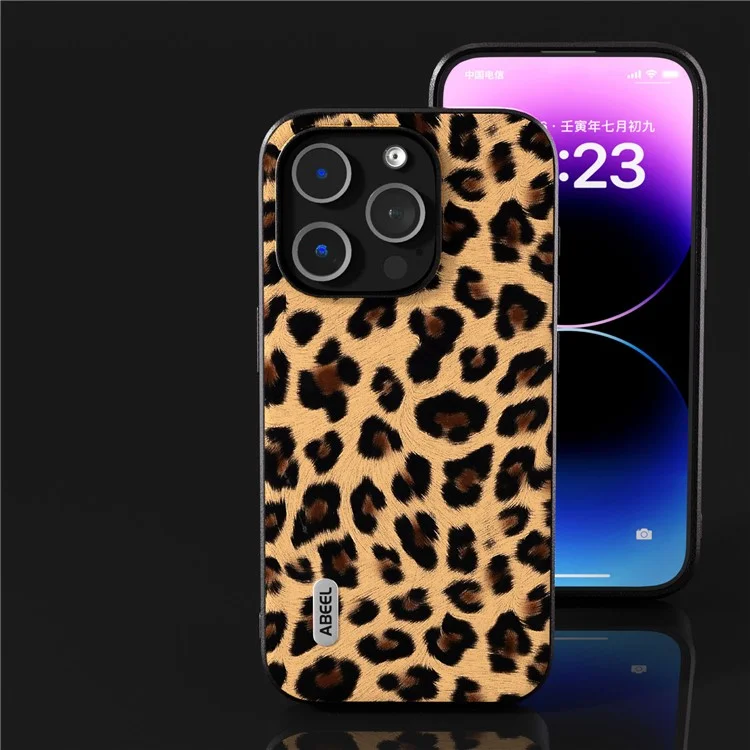 ABEEL Per iPhone 13 Pro Max Cover Posteriore in Pelle PU Rivestita in TPU + PC con Texture a Leopardo - Champagne Gold