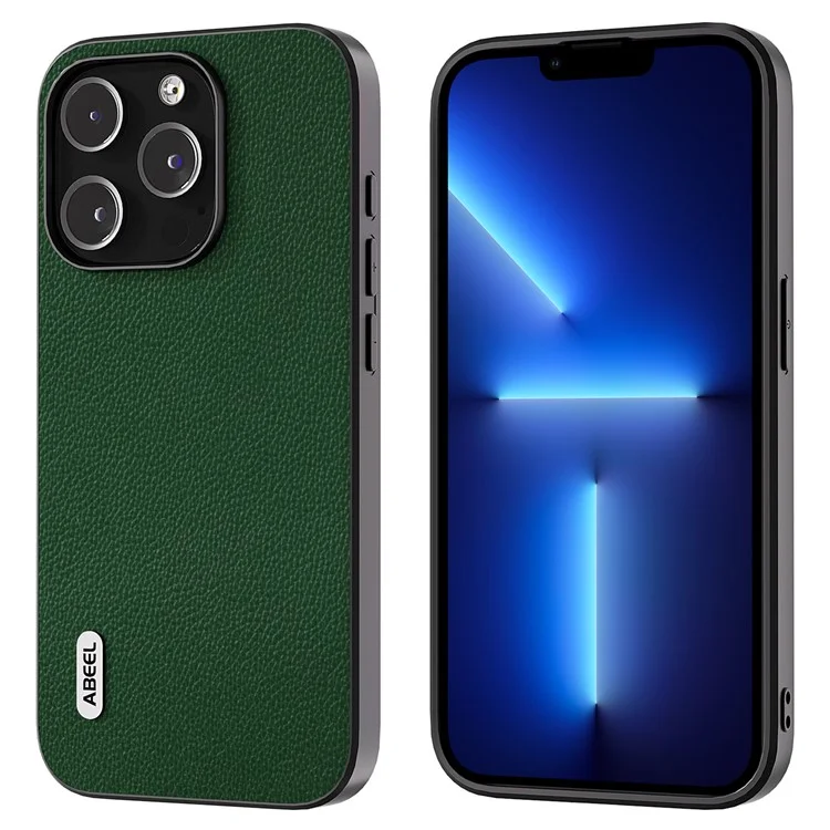 ABEEL Pour iPhone 13 Pro Max Litchi Texture Back Cover Cowhide Leather Coated PC + TPU Phone Case - Vert