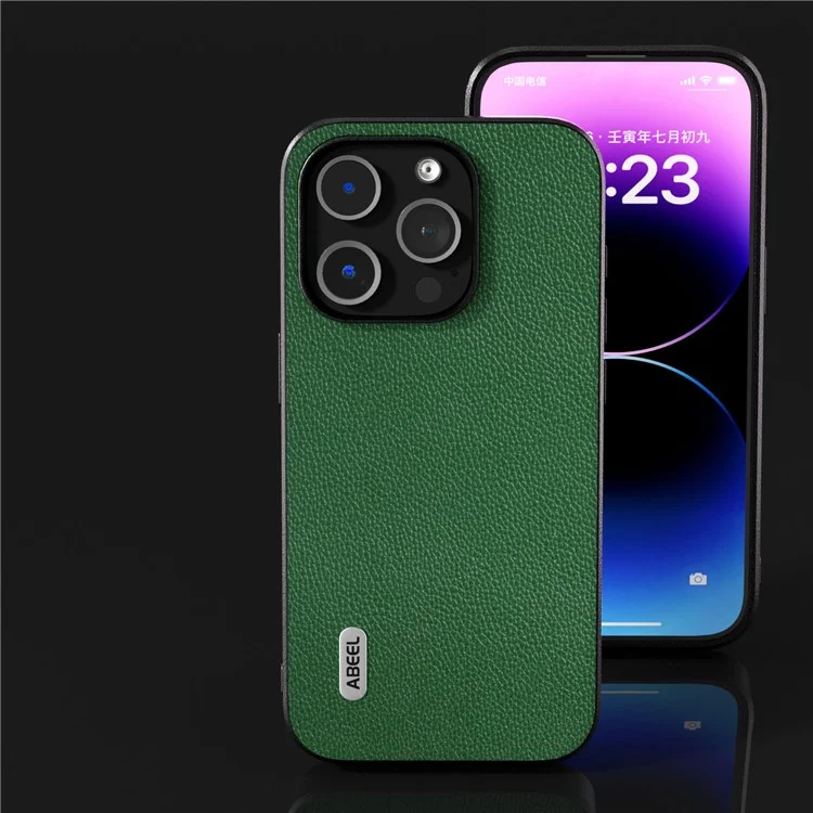 ABEEL Pour iPhone 13 Pro Max Litchi Texture Back Cover Cowhide Leather Coated PC + TPU Phone Case - Vert