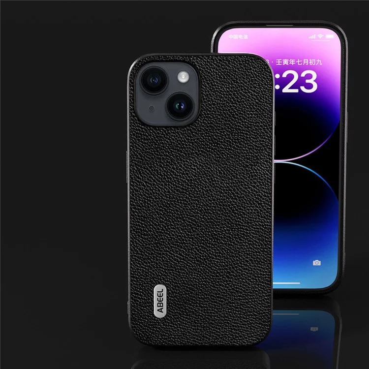 ABEEL For iPhone 13 Ultra-Thin Phone Case Litchi Texture Cowhide Leather Coated PC + TPU Shell - Black