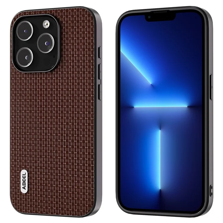 ABEEL For iPhone 13 Pro Max Coque de protection en cuir de vache enduit de PC+TPU de luxe à texture - Café