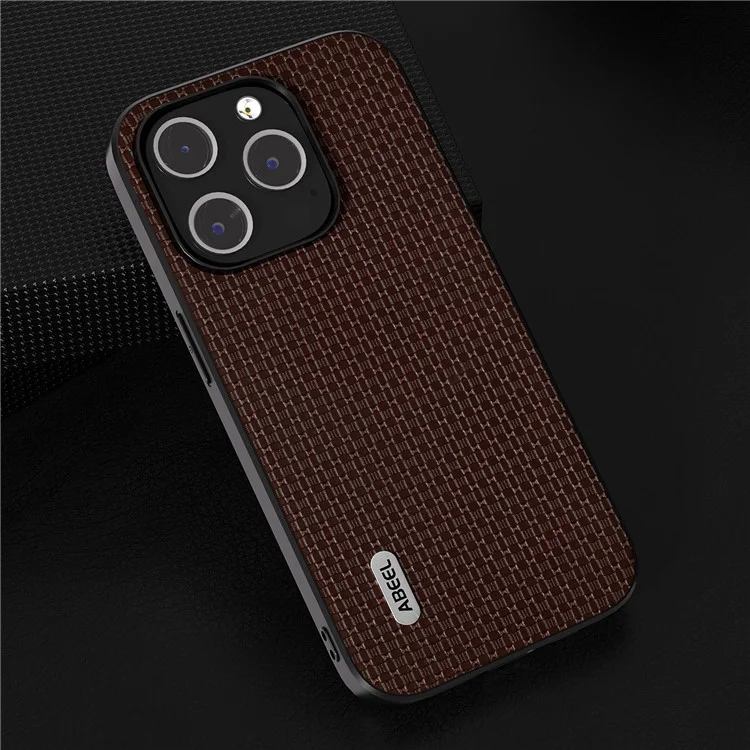ABEEL For iPhone 13 Pro Max Coque de protection en cuir de vache enduit de PC+TPU de luxe à texture - Café