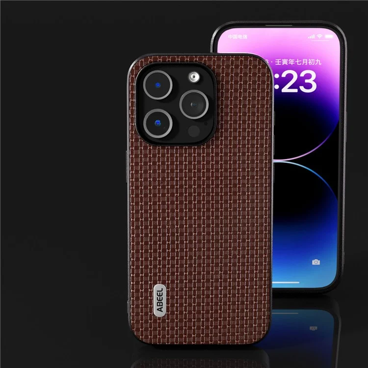ABEEL For iPhone 13 Pro Max Coque de protection en cuir de vache enduit de PC+TPU de luxe à texture - Café