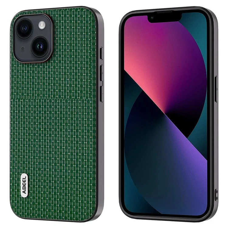 ABEEL Pour iPhone 13 Étui de téléphone fin et mince Cowhide Leather Coated PC+TPU Luxury Textured Cover - Vert