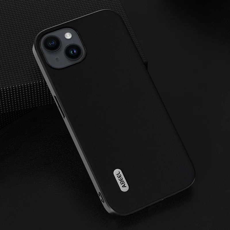 ABEEL For iPhone 13 Cell Phone Case Silky Feeling Cowhide Leather Coated PC+TPU Cover - Black