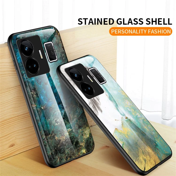 Para Realme GT Neo 5 5G / GT3 5G Funda con Tapa de Cristal Templado+PC+TPU con Patrón de Mármol - Mármol Esmeralda