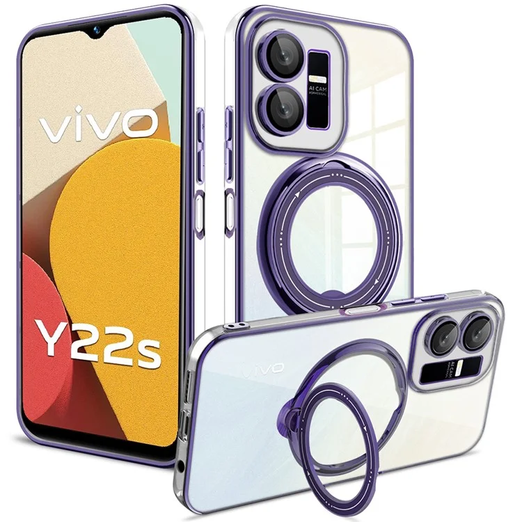 Per vivo Y22s 4G / Y35 4G (2022) Ring Kickstand Phone Case Drop Proof PC+TPU Cover Compatible with MagSafe - Viola