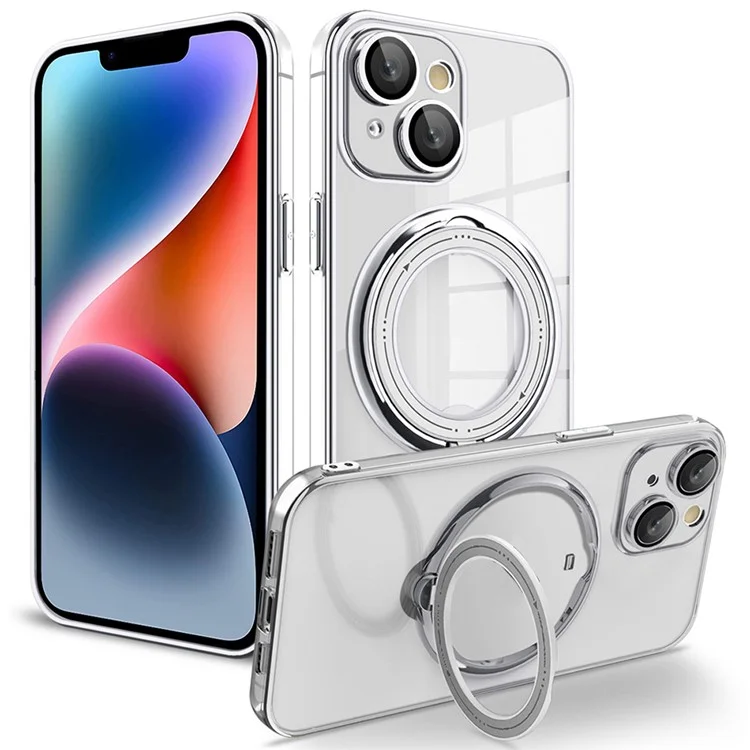 For iPhone 14 Anti-drop PC+TPU Phone Case Rotatable Ring Kickstand Cover Compatible with MagSafe - Silver