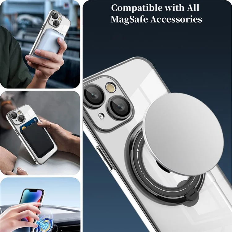 For iPhone 14 Anti-drop PC+TPU Phone Case Rotatable Ring Kickstand Cover Compatible with MagSafe - Silver