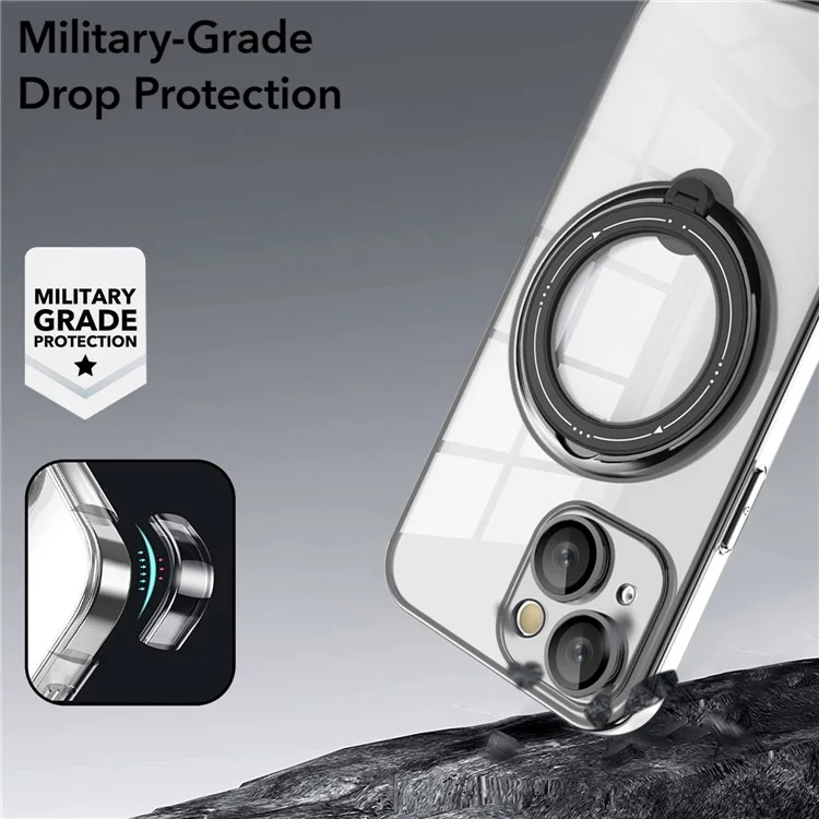 For iPhone 14 Anti-drop PC+TPU Phone Case Rotatable Ring Kickstand Cover Compatible with MagSafe - Silver