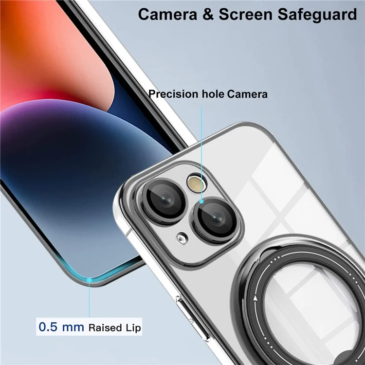 For iPhone 14 Anti-drop PC+TPU Phone Case Rotatable Ring Kickstand Cover Compatible with MagSafe - Silver