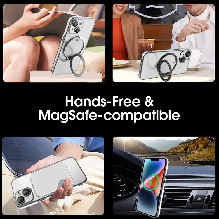 For iPhone 14 Anti-drop PC+TPU Phone Case Rotatable Ring Kickstand Cover Compatible with MagSafe - Silver