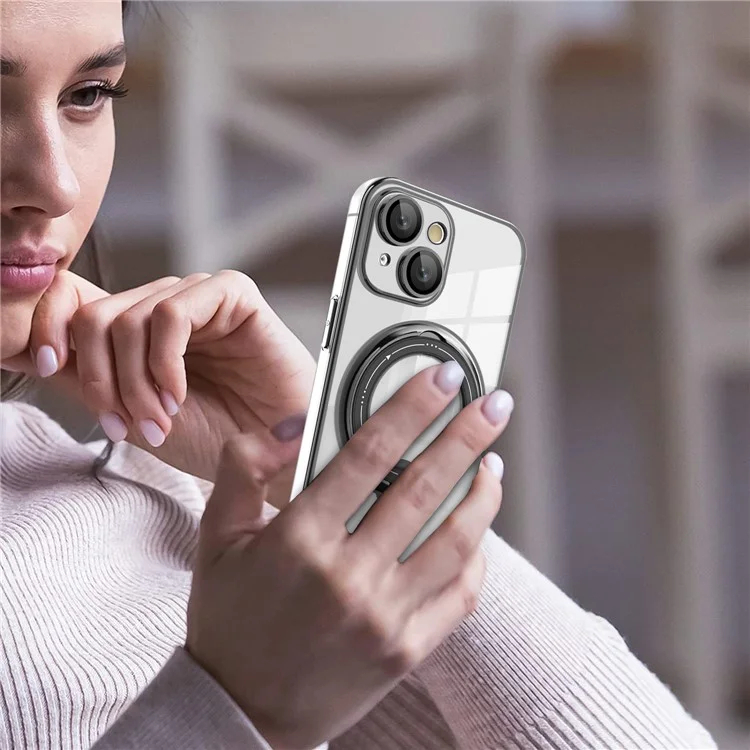 For iPhone 14 Anti-drop PC+TPU Phone Case Rotatable Ring Kickstand Cover Compatible with MagSafe - Silver