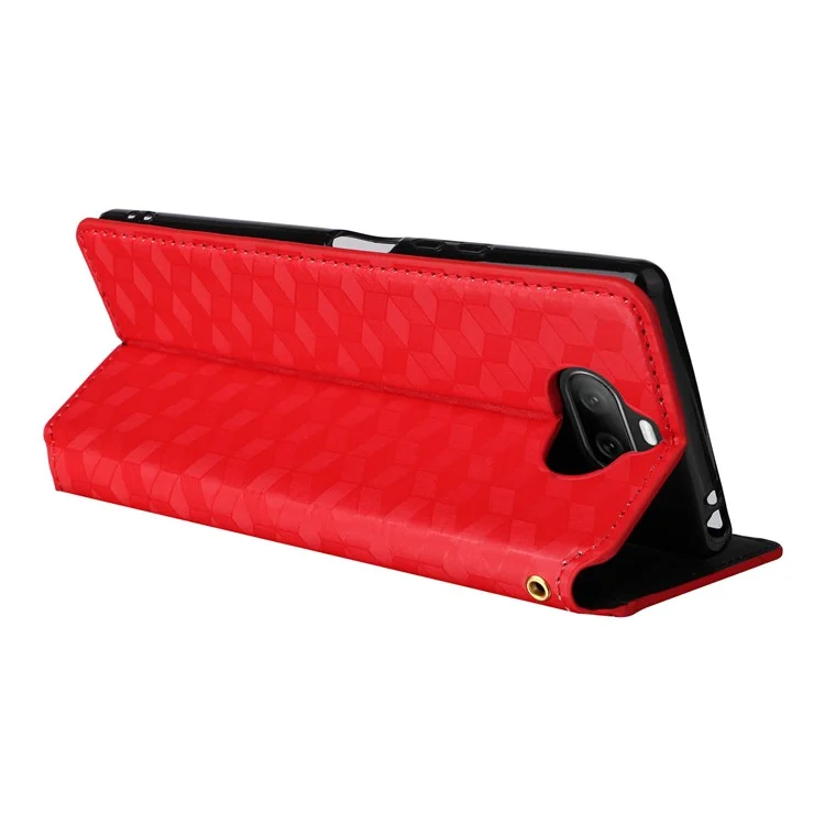 Rhombus Imprinted Cover for Sony Xperia 8 Flip Stand PU Leather Wallet Phone Case - Red
