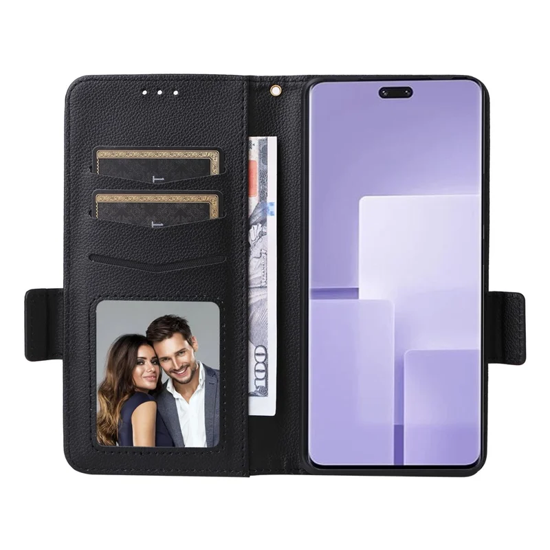 For Xiaomi Civi 3 5G Wallet Case PU Leather Litchi Texture Stand Protective Cover with Hand  Strap - Black