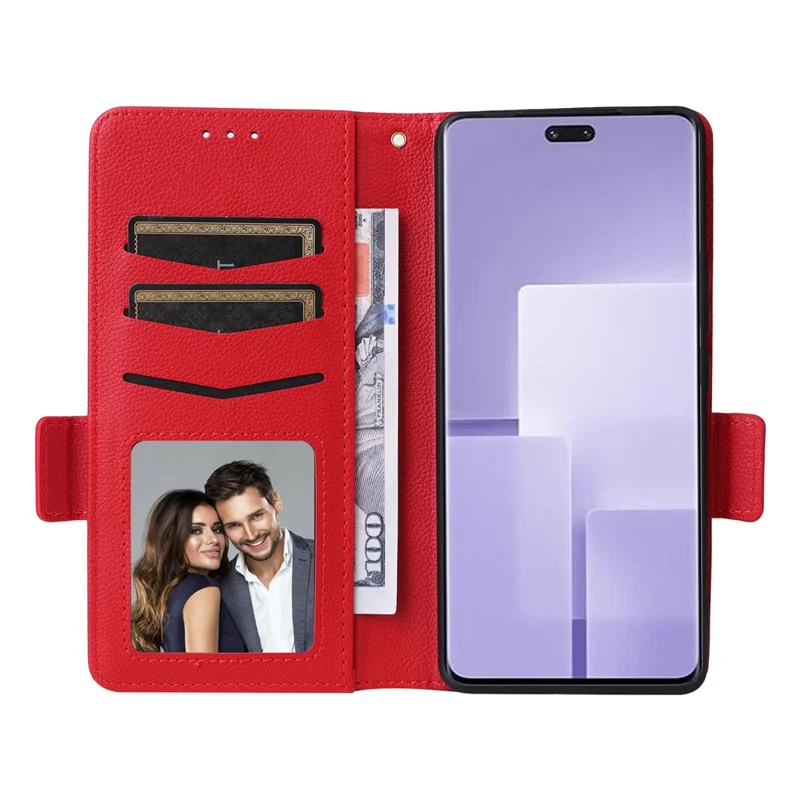 For Xiaomi Civi 3 5G Wallet Case PU Leather Litchi Texture Stand Protective Cover with Hand  Strap - Red