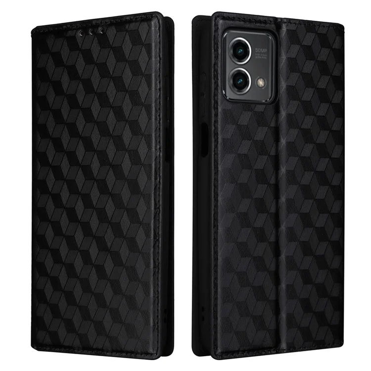 PU Leather Wallet Cover for Motorola Moto G Stylus (2023) Rhombus Imprinted Stand Phone Case - Black