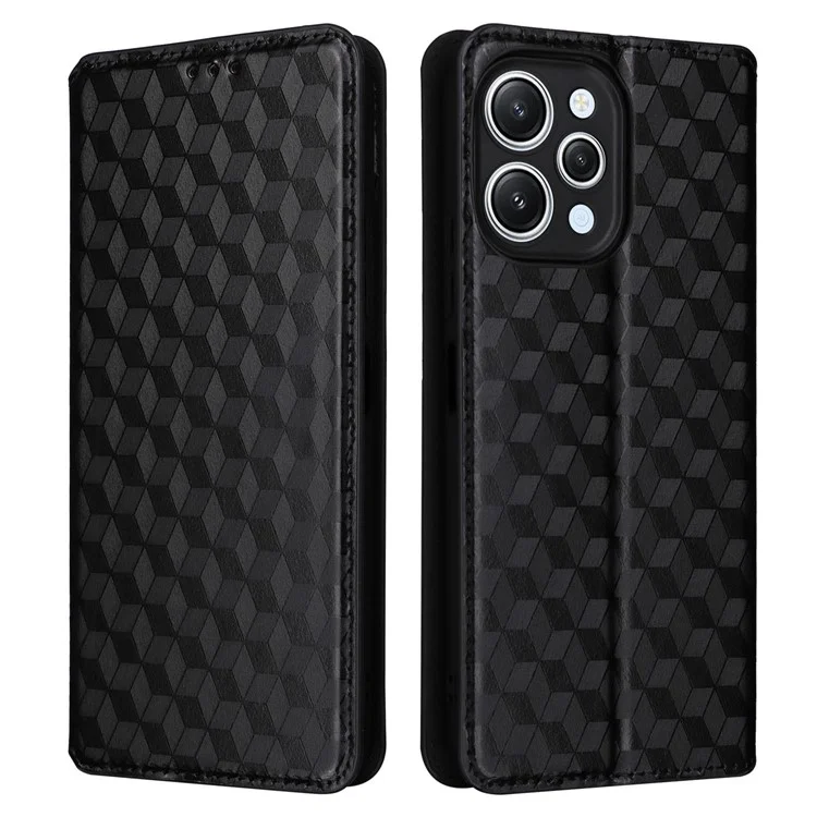 Funda de teléfono Flip Stand para Xiaomi Redmi 12 4G / 12 5G (Global) / Note 12R 5G / Poco M6 Pro 5G, diseño de rombos grabados en PU Leather Wallet Cover - Negro