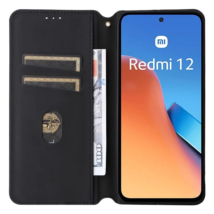Funda de teléfono Flip Stand para Xiaomi Redmi 12 4G / 12 5G (Global) / Note 12R 5G / Poco M6 Pro 5G, diseño de rombos grabados en PU Leather Wallet Cover - Negro