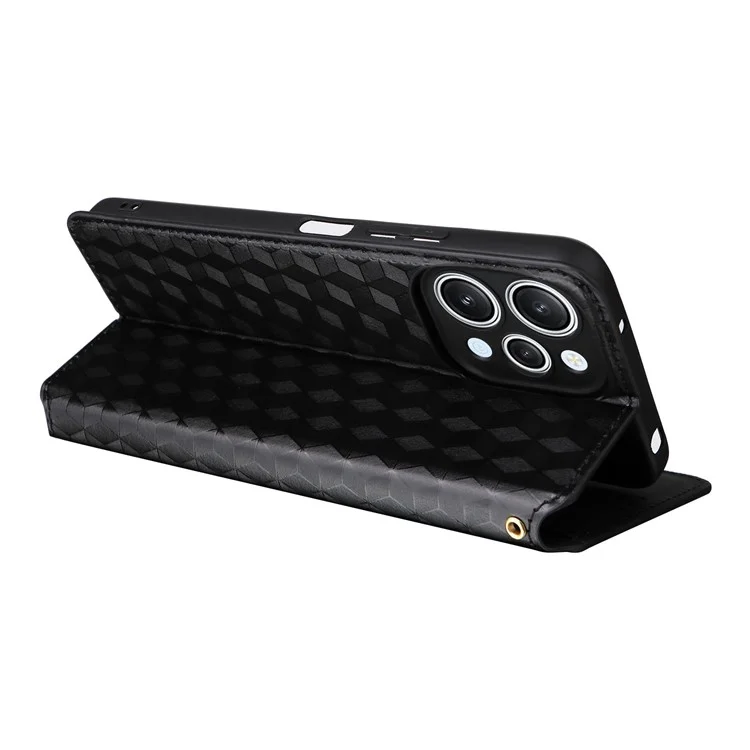 Funda de teléfono Flip Stand para Xiaomi Redmi 12 4G / 12 5G (Global) / Note 12R 5G / Poco M6 Pro 5G, diseño de rombos grabados en PU Leather Wallet Cover - Negro