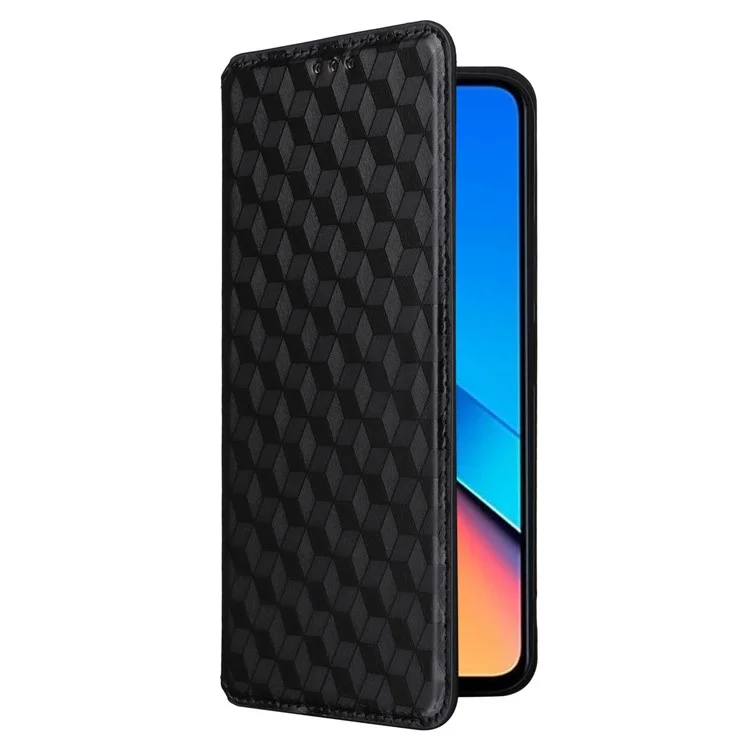 Funda de teléfono Flip Stand para Xiaomi Redmi 12 4G / 12 5G (Global) / Note 12R 5G / Poco M6 Pro 5G, diseño de rombos grabados en PU Leather Wallet Cover - Negro