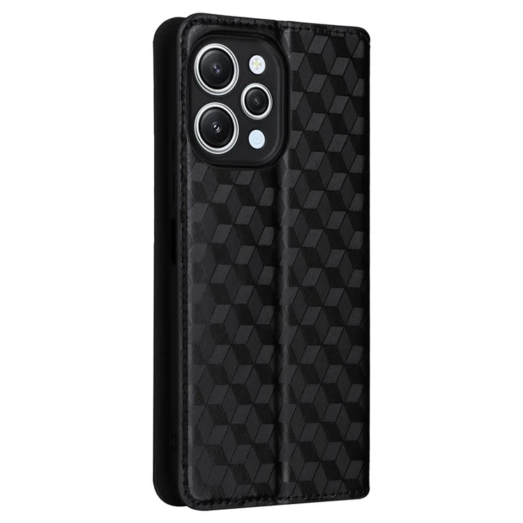Funda de teléfono Flip Stand para Xiaomi Redmi 12 4G / 12 5G (Global) / Note 12R 5G / Poco M6 Pro 5G, diseño de rombos grabados en PU Leather Wallet Cover - Negro