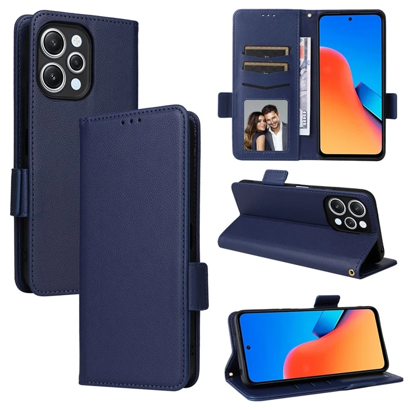 For Xiaomi Redmi 12 4G / 12 5G (Global) / Note 12R 5G / Poco M6 Pro 5G Litchi Texture Stand Phone Case Anti-fall PU Leather Wallet Cover - Dark Blue
