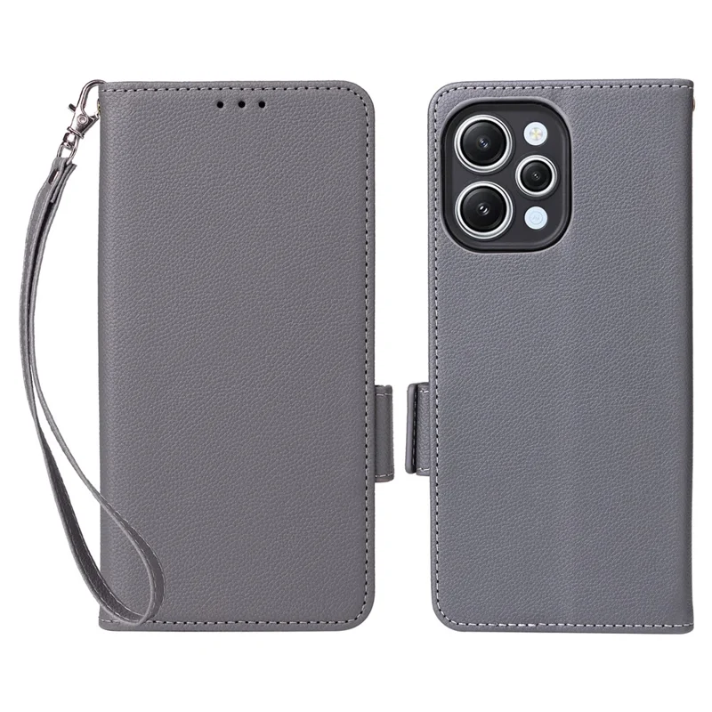 For Xiaomi Redmi 12 4G / 12 5G (Global) / Note 12R 5G / Poco M6 Pro 5G Litchi Texture Stand Phone Case Anti-fall PU Leather Wallet Cover - Grey