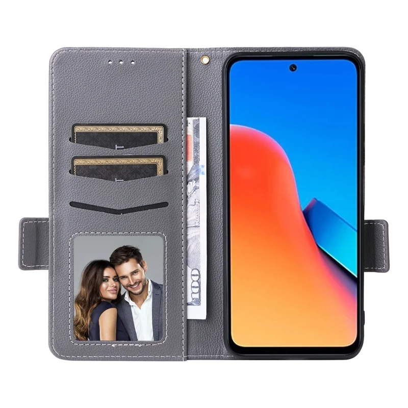 For Xiaomi Redmi 12 4G / 12 5G (Global) / Note 12R 5G / Poco M6 Pro 5G Litchi Texture Stand Phone Case Anti-fall PU Leather Wallet Cover - Grey