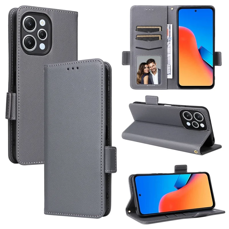 For Xiaomi Redmi 12 4G / 12 5G (Global) / Note 12R 5G / Poco M6 Pro 5G Litchi Texture Stand Phone Case Anti-fall PU Leather Wallet Cover - Grey