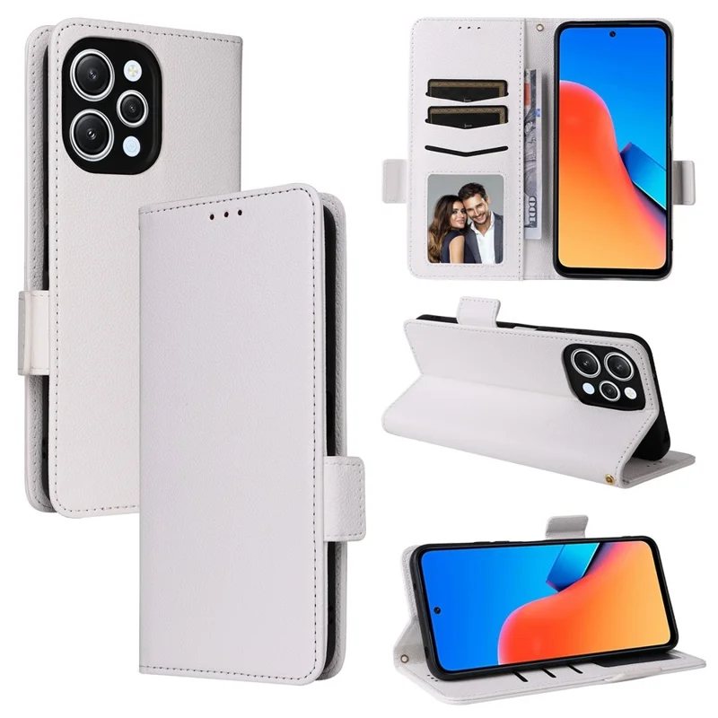 For Xiaomi Redmi 12 4G / 12 5G (Global) / Note 12R 5G / Poco M6 Pro 5G Litchi Texture Stand Phone Case Anti-fall PU Leather Wallet Cover - White