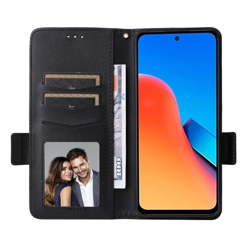 For Xiaomi Redmi 12 4G / 12 5G (Global) / Note 12R 5G / Poco M6 Pro 5G Litchi Texture Stand Phone Case Anti-fall PU Leather Wallet Cover - Black