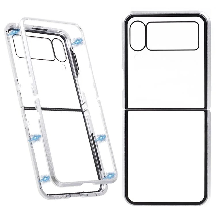 Phone Case for Samsung Galaxy Z Flip4 5G Magnetic Adsorption Metal Frame + Tempered Glass Clear Phone Cover - Silver