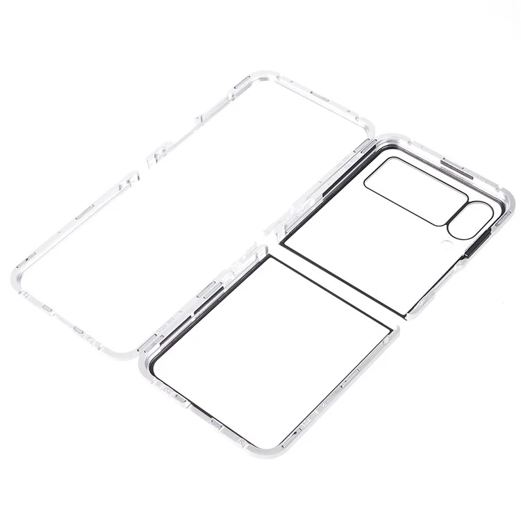 Phone Case for Samsung Galaxy Z Flip4 5G Magnetic Adsorption Metal Frame + Tempered Glass Clear Phone Cover - Silver