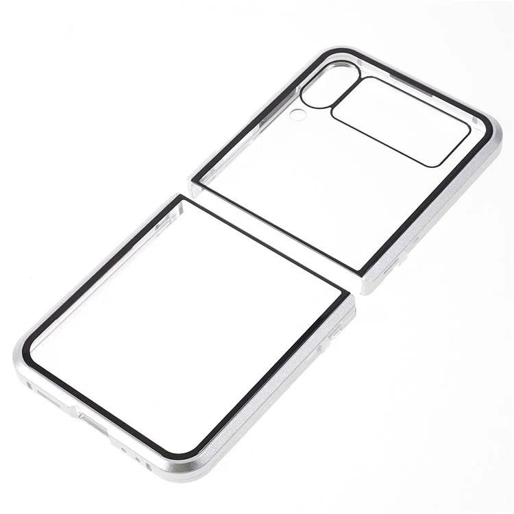 Phone Case for Samsung Galaxy Z Flip4 5G Magnetic Adsorption Metal Frame + Tempered Glass Clear Phone Cover - Silver