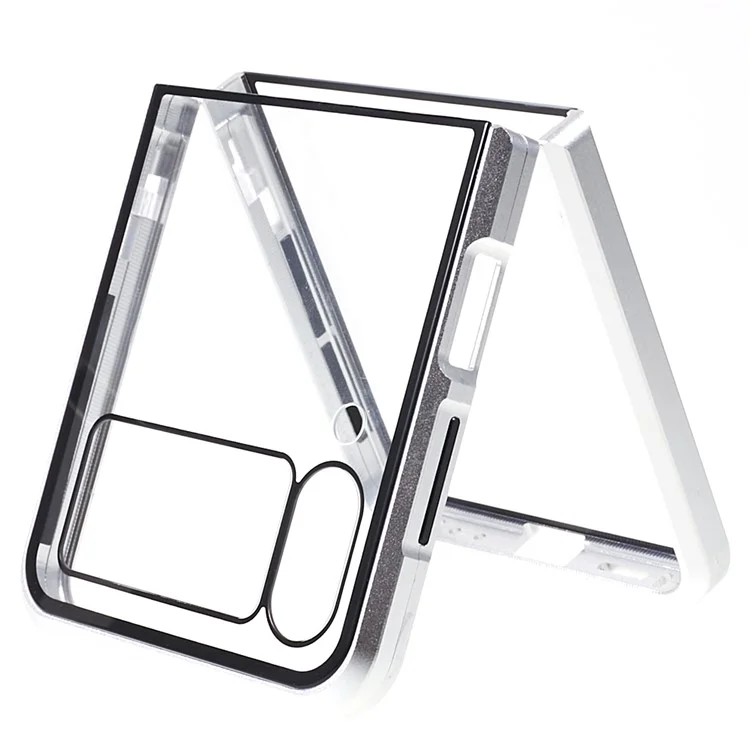 Phone Case for Samsung Galaxy Z Flip4 5G Magnetic Adsorption Metal Frame + Tempered Glass Clear Phone Cover - Silver