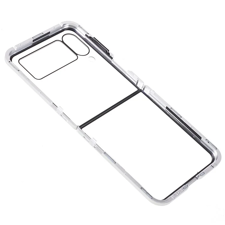 Phone Case for Samsung Galaxy Z Flip4 5G Magnetic Adsorption Metal Frame + Tempered Glass Clear Phone Cover - Silver