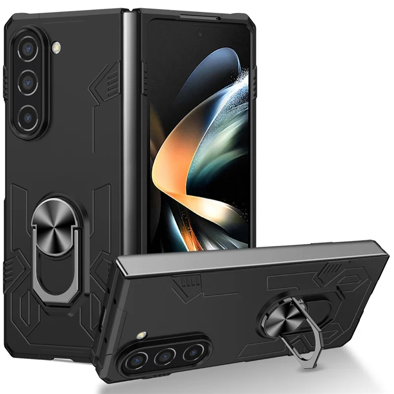 Pour Samsung Galaxy Z Fold5 5G Ring Kickstand Phone Case Hard PC Anti-drop Cover Support Magnetic Car Mount - Noir