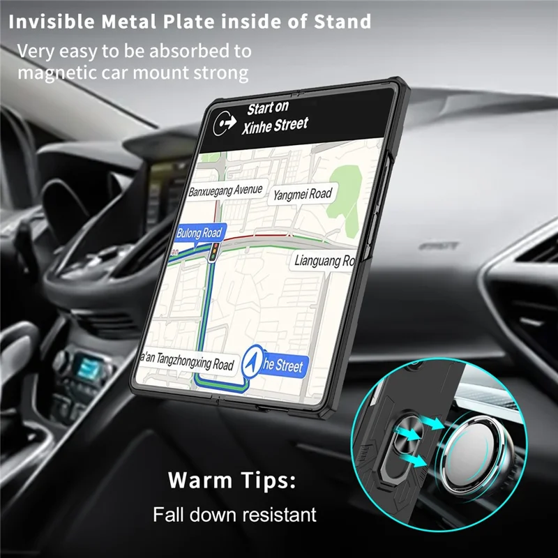 Pour Samsung Galaxy Z Fold5 5G Ring Kickstand Phone Case Hard PC Anti-drop Cover Support Magnetic Car Mount - Noir