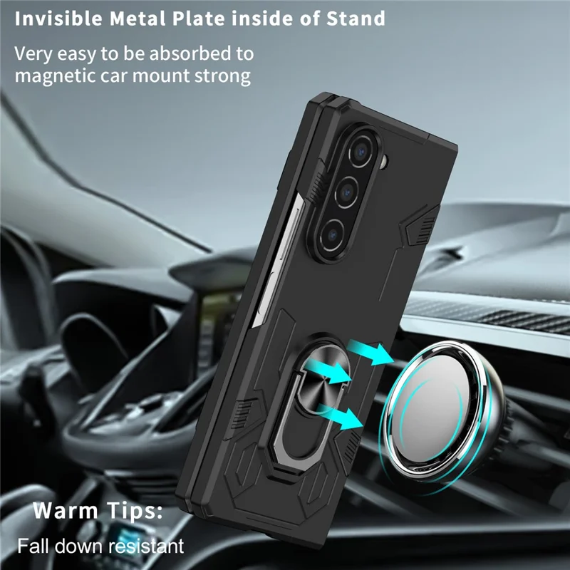 Pour Samsung Galaxy Z Fold5 5G Ring Kickstand Phone Case Hard PC Anti-drop Cover Support Magnetic Car Mount - Noir